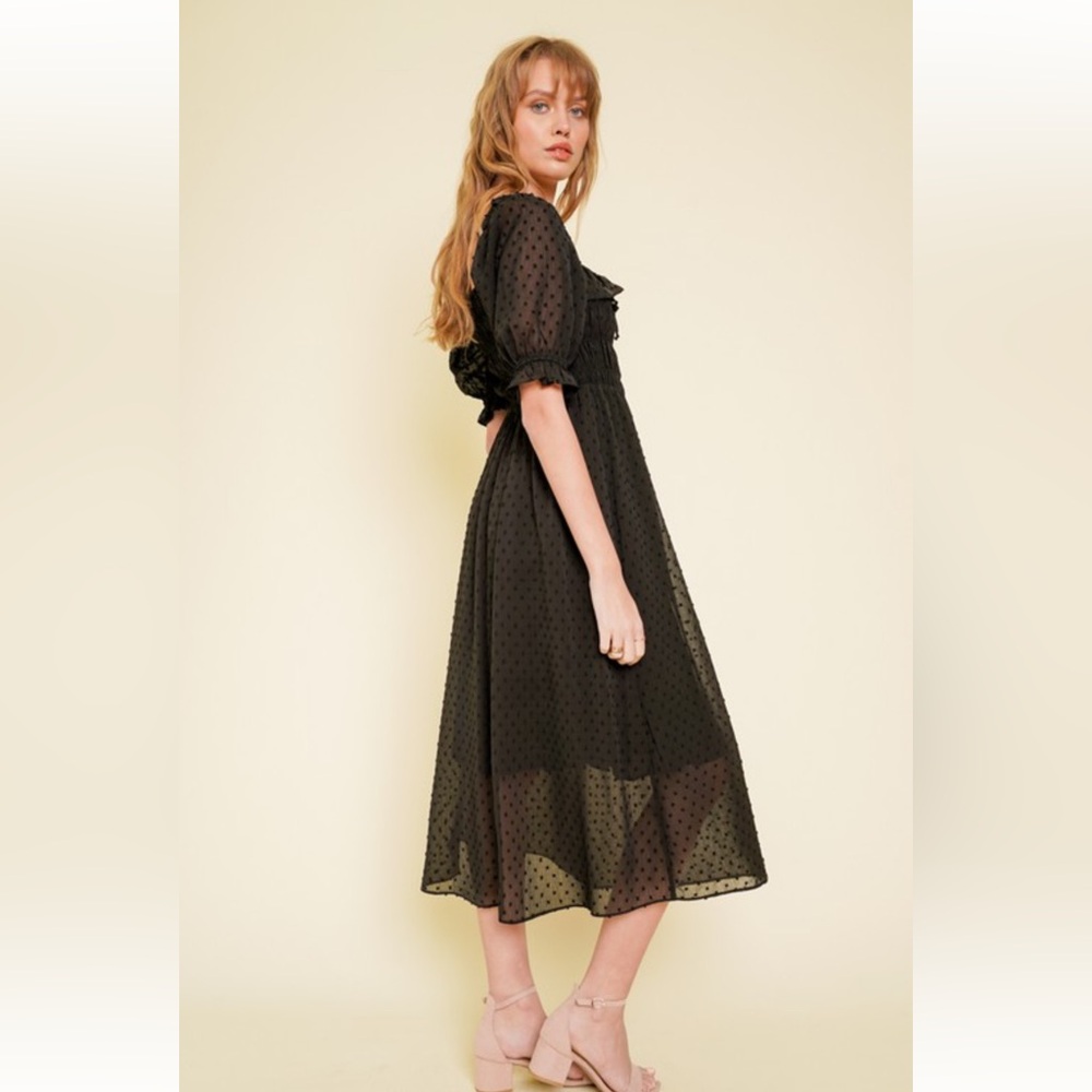 719. Hem & Thread Black Chiffon Midi Dress Smocked Ruffle Sleeve NEW Item - Picture 5 of 9